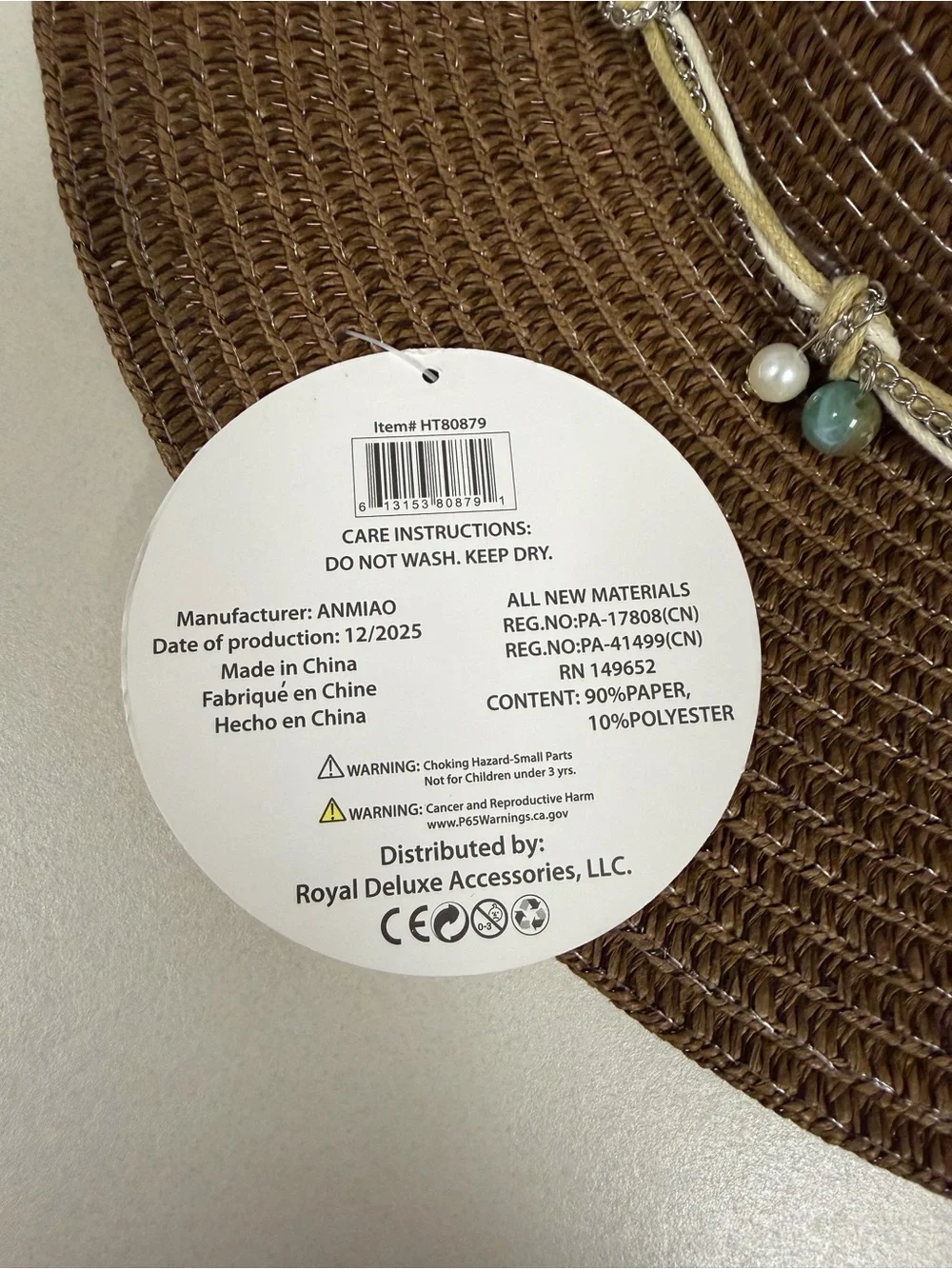ROYAL Brown Beaded Silver Tone Chain Triple Cord Tie Coastal Boho Straw Sun Hat